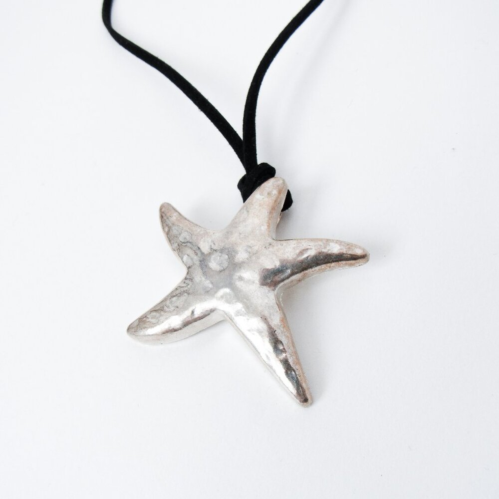 VINTAGE SILVER STAR METAL PENDANT NECKLACE Black Leather Lace Summer Jewelry - Picture 2 of 7